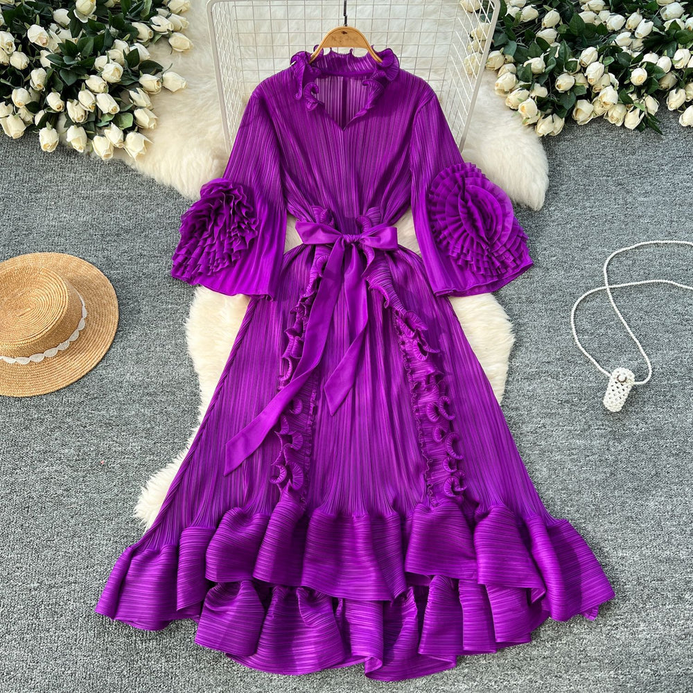 Miya european and american style dress - women's spring collection - high-end, 3d floral design, tie-waist, ruffle hem, pleated maxi dress