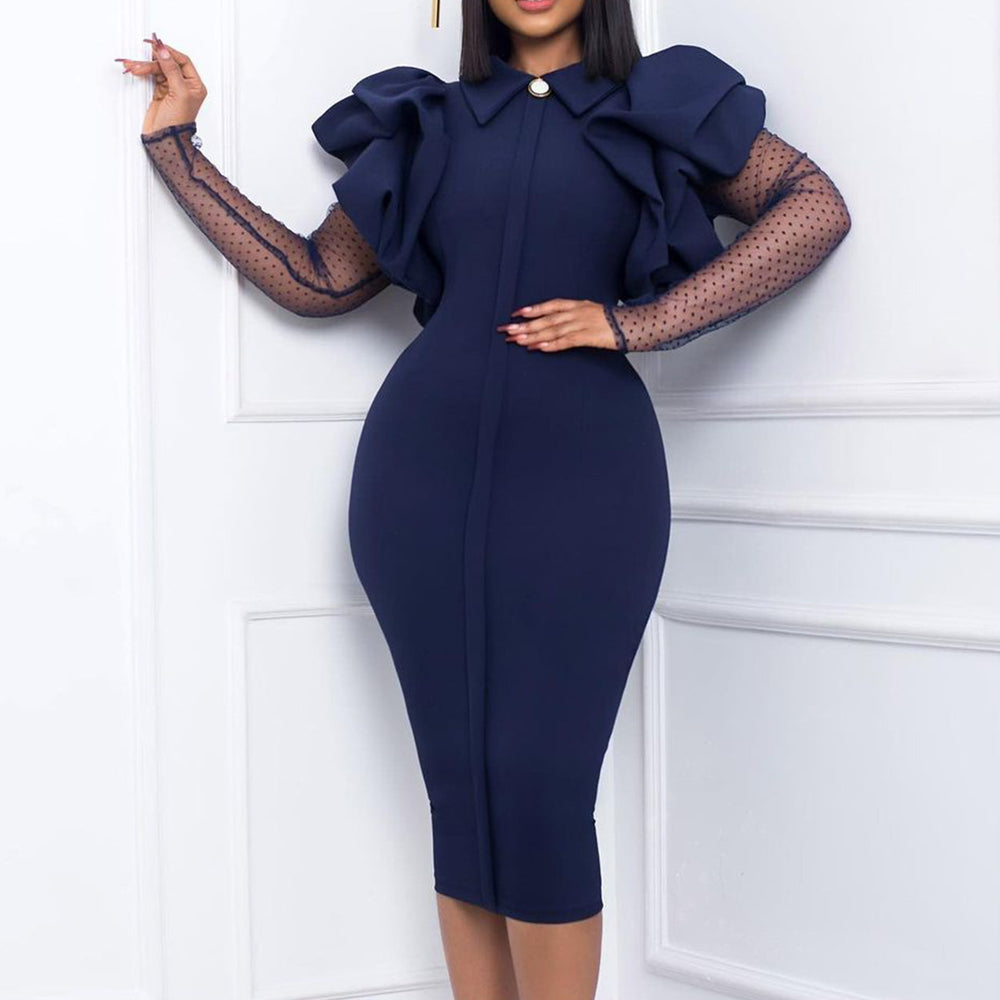 Q095 european and american autumn/winter new women's cross-border mesh patchwork pleated ol elegant commute plus size african dress