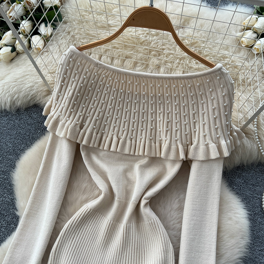 Goddess-style classy one-shoulder ruffles heavy-duty beading waist slimming lookelegantsilm knittingdress for women