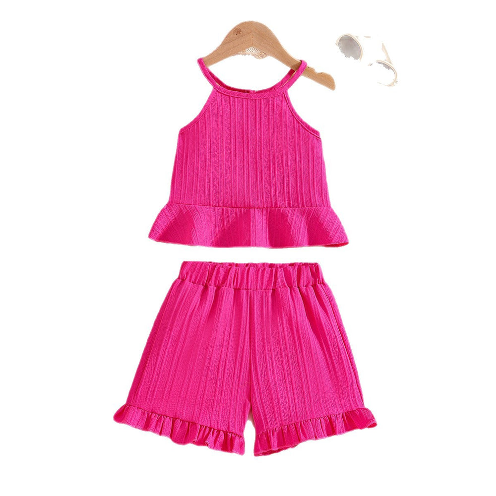 girls' sleeveless tank top two-piece set: rose red shorts with cute ruffle trim, kids' summer casual dress outfit