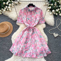 Frenchromantic style floral elegantdress women's summerk-style waist slimming look a-line skirt gentle tie back
