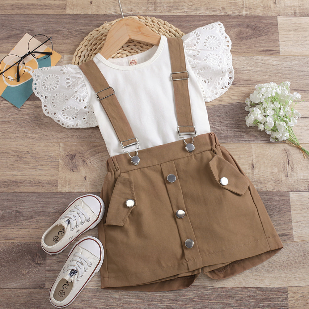 european and american cross-border new arrival: solid color hollow-out flutter sleeve crew neck top with detachable strap shorts skirt set
