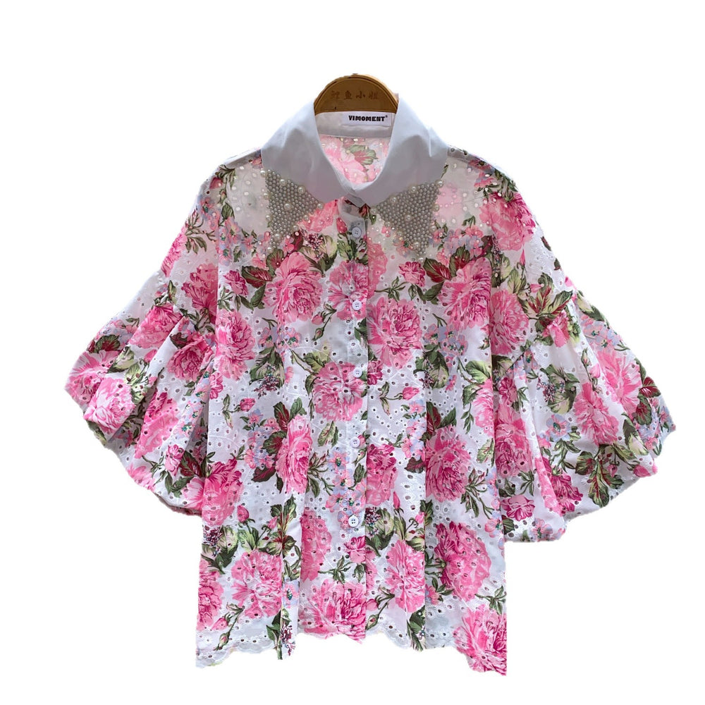 Vacation style heavy industry diamond-encrusted doll collar lantern sleeve printingshirt women's summer short-sleeved looseslimming lookcardigantops