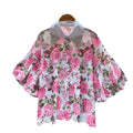 Vacation style heavy industry diamond-encrusted doll collar lantern sleeve printingshirt women's summer short-sleeved looseslimming lookcardigantops
