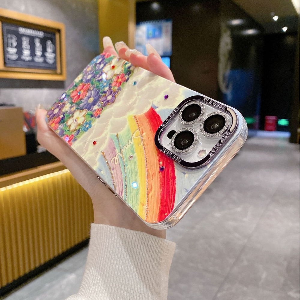 Rainbow floral oil painting iphone 17 pro max diamond glitter phone case, luxury shockproof protective cover for iphone 16 & 15, compatible with iphone 13
