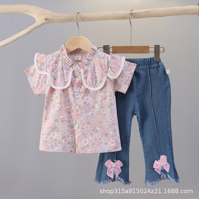 Summer floral dress set for 0-4 year old baby girls - single-breasted skirt, short-sleeve children's summer outfit