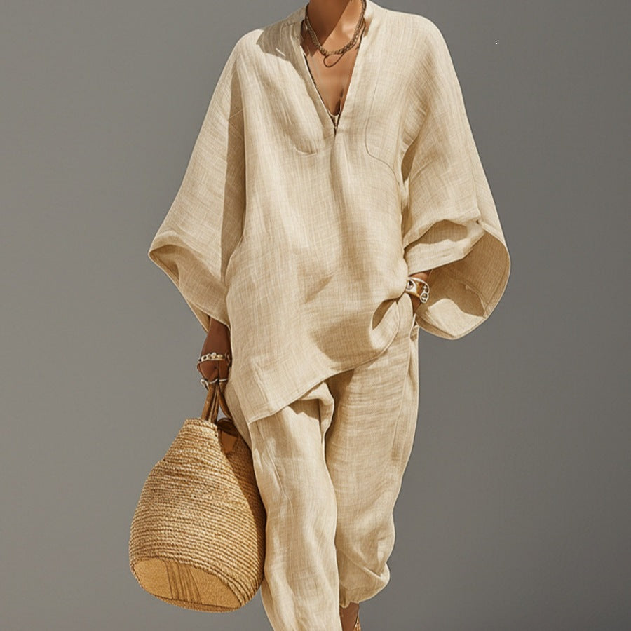 spring cross-border women's casual relaxed fit solid color shirt set
