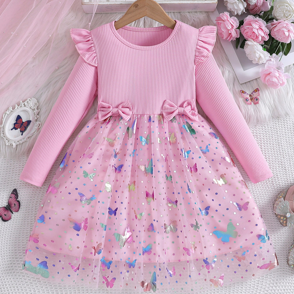 new mesh girl's spring/autumn butterfly print puffy princess dress - long sleeve girls' dress