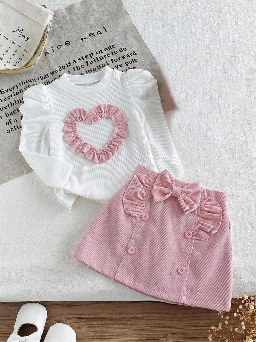 new cross-border girls' fashion set: european & american style princess sleeve heart print top + corduroy skirt, infant/toddler two-piece outfit