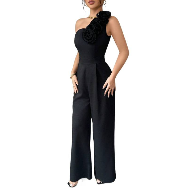 Women's one-shoulder jumpsuit with 3d floral appliqué, sleeveless wide-leg formal party romper
