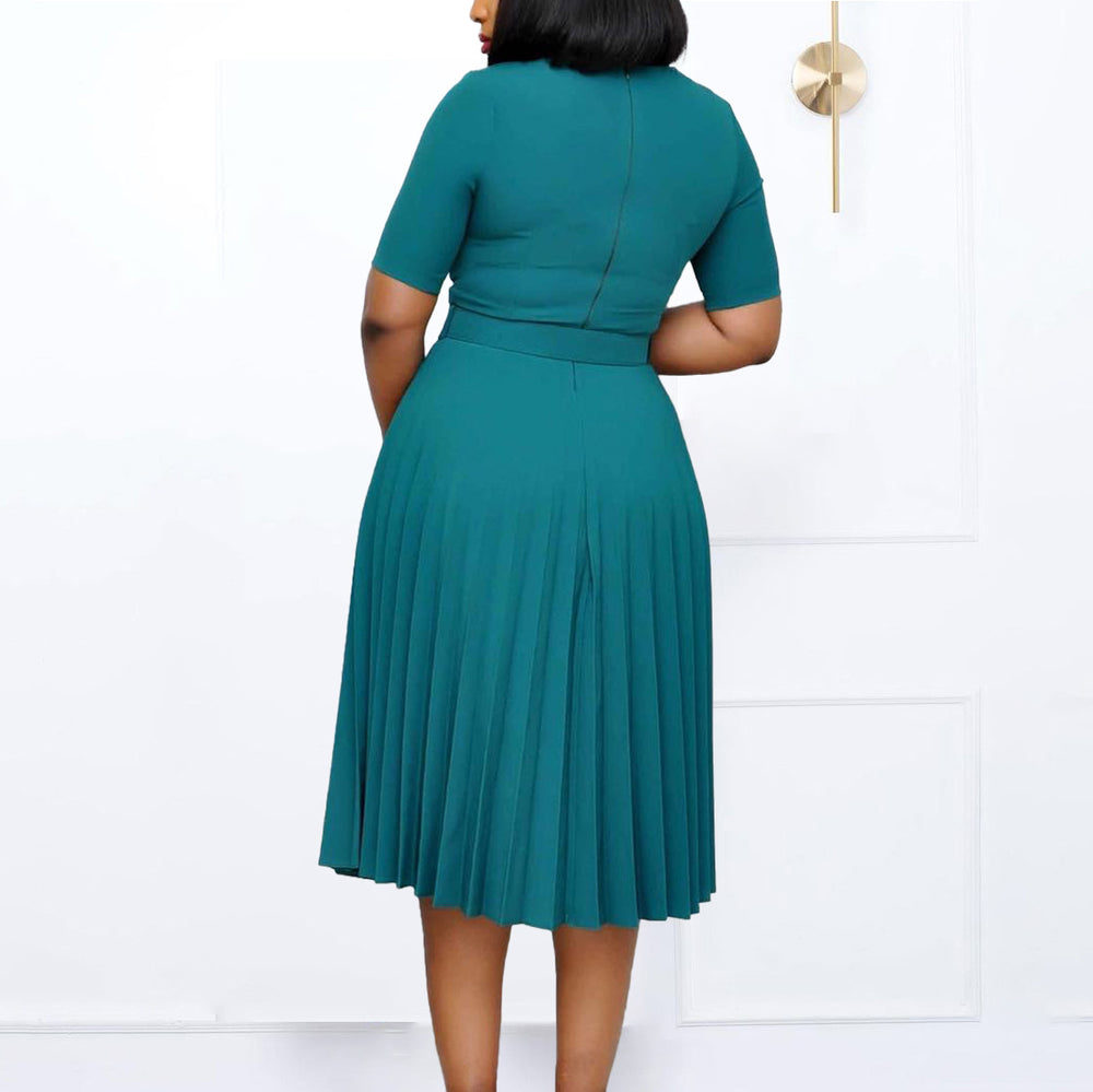 D3292 cross-border new european and american  round neck midi pleated skirt plus size african cross-border african dress