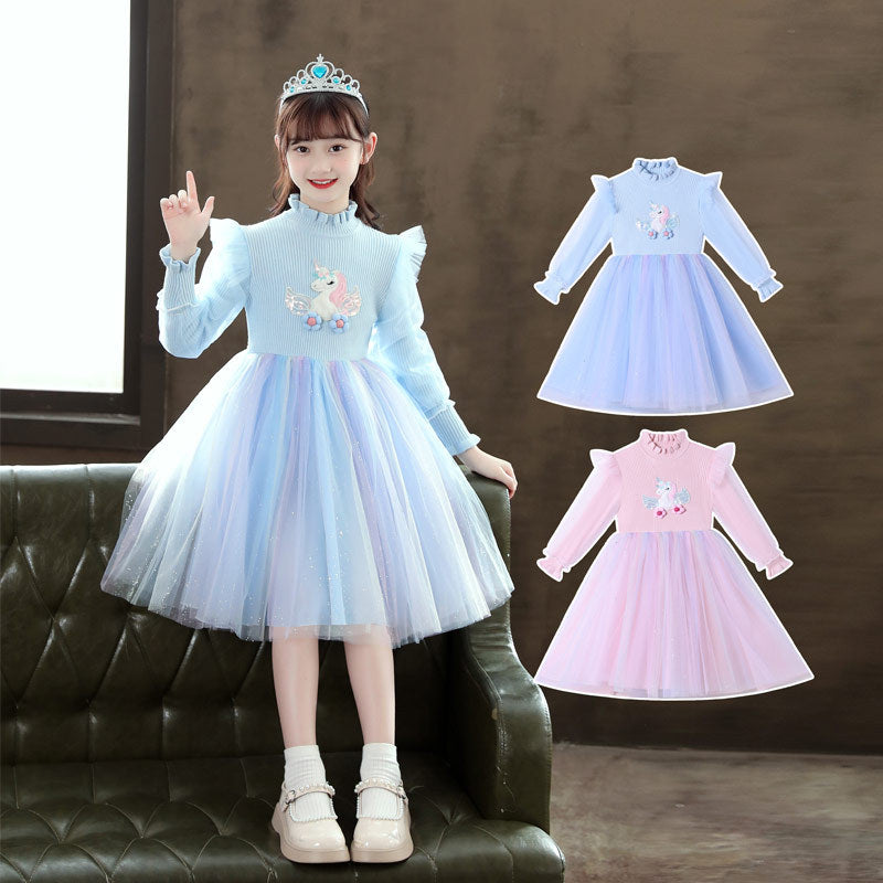 Girls' stylish dress elsa princess dress  new autumn and winter knitted sweater children's skirt mesh gradient