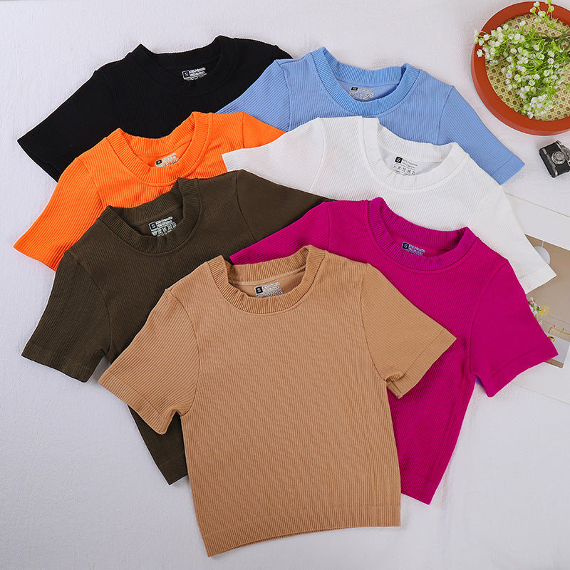 Cross-border new crew neck T-shirt  yoga sports short-sleeved threaded cotton spring and summer pullover short-sleeved top