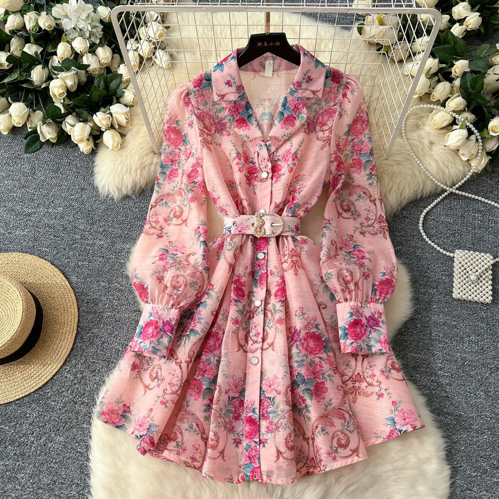 European and american style high-end blazer collar tie-waist printed dress - women's elegant french-inspired formal mini dress