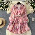 European and american style high-end blazer collar tie-waist printed dress - women's elegant french-inspired formal mini dress