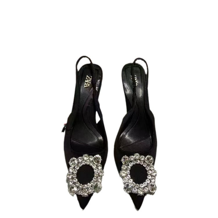 Za dtm2024springnew arrival thin heel flats black high heel pointed elegant tweed style mule shoes flats women