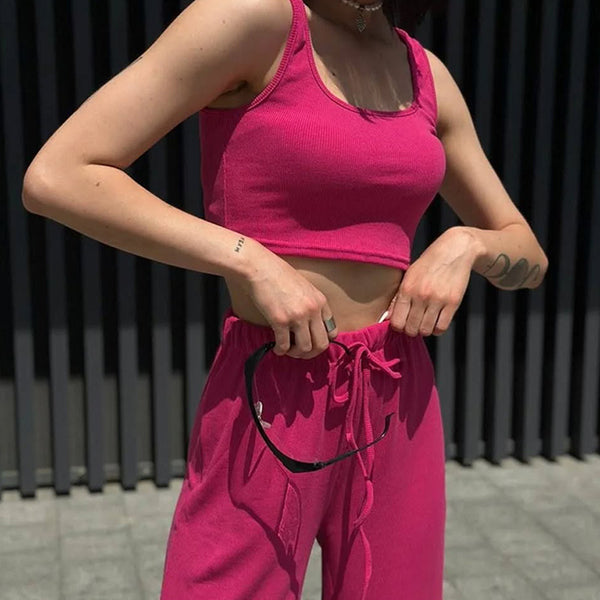 women's clothing, street style short vest, lace-up trousers, two-piece set, women's trousers, sports suit.