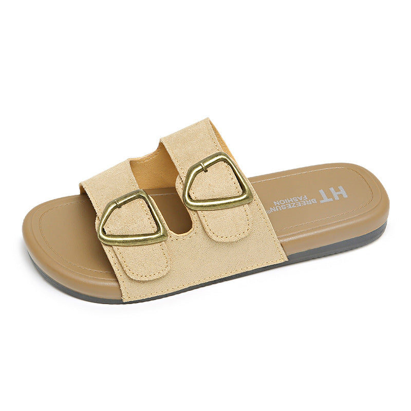 Women's flat sandals - summer outdoor wear, 2026 new fashion buckle design, non-slip casual beach soft sole thong sandals