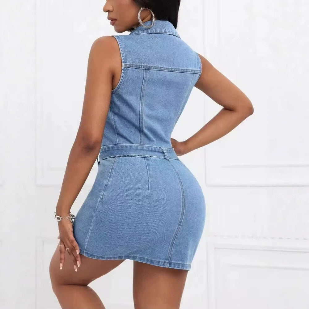 women's dress, summer, single-breasted, european and american style, lapel, sleeveless, cinched waist, a-line, fashionable denim dress