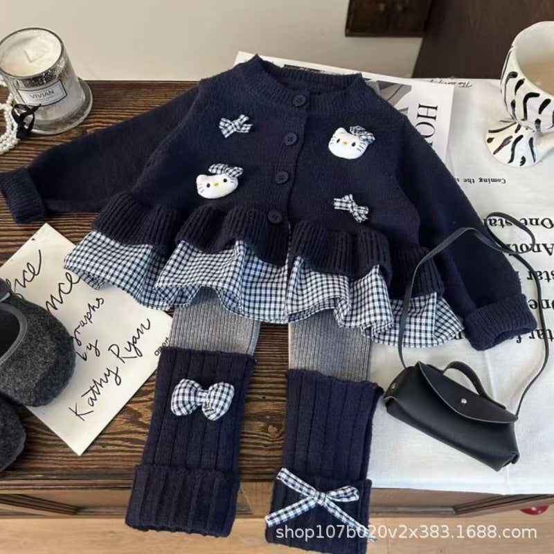 Korean style girls' clothing  new autumn collection: preppy plaid cardigan sweater with bow detail and scrunch socks/leggings set