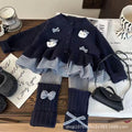 Korean style girls' clothing  new autumn collection: preppy plaid cardigan sweater with bow detail and scrunch socks/leggings set