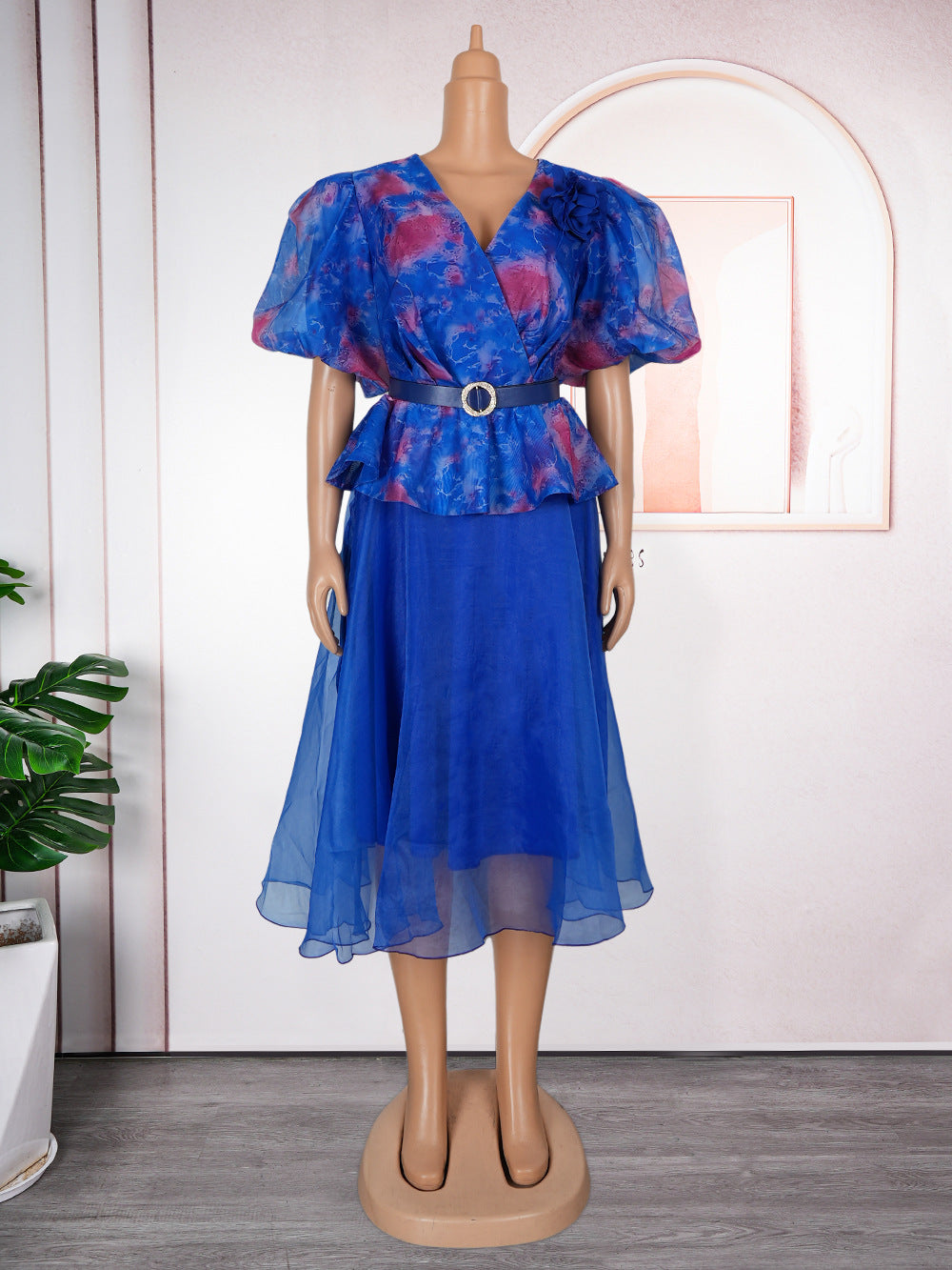 Amazon puff sleeve cardigan european and american elegant long dress african cross-border plus size women's printed dress