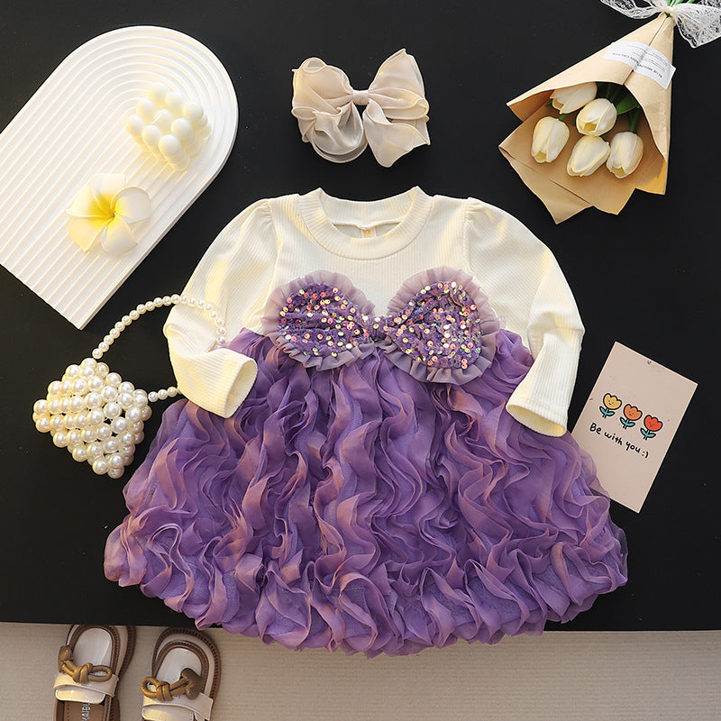 Girls' autumn dress - trendy tutu skirt, new  pink mesh round neck long sleeve princess style sweet dress