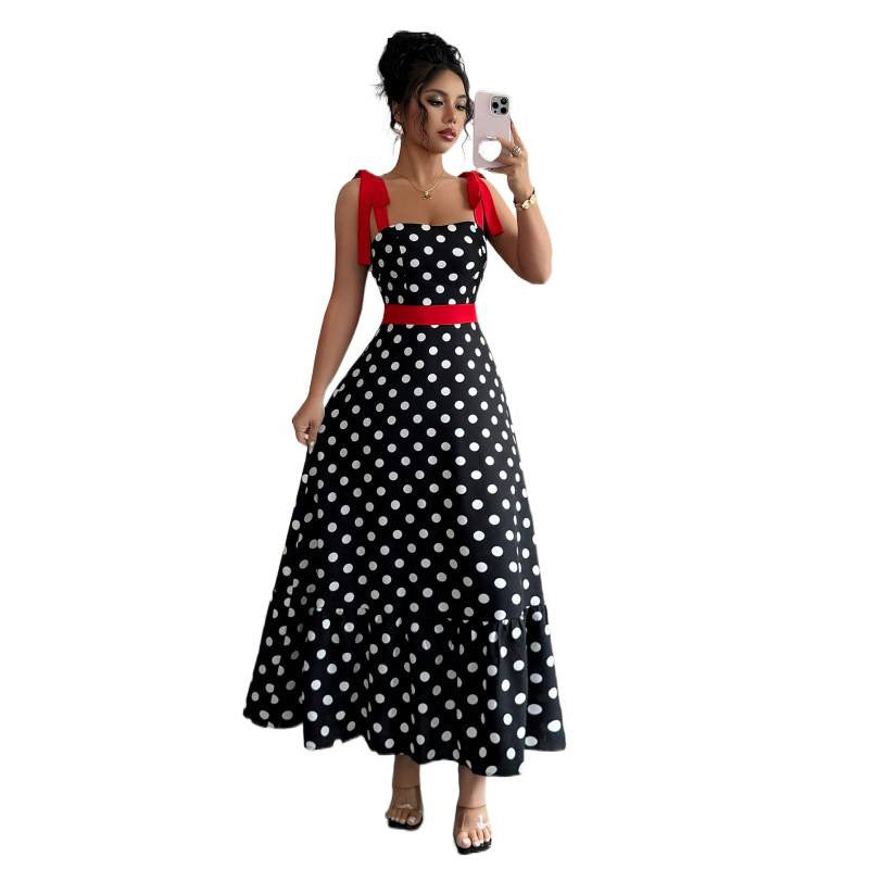 Women's french chic polka dot color block patchwork a-line maxi slip dress