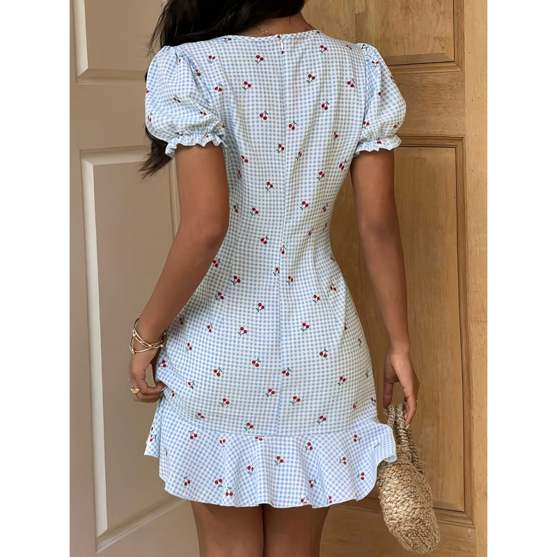 Women's summer new fashion elegant plaid v-neck ruffle hem button-decorated cinched waist mini dress