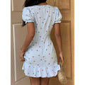 Women's summer new fashion elegant plaid v-neck ruffle hem button-decorated cinched waist mini dress
