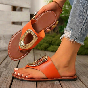 European and american plus size flat flip-flops for women,  summer new style, metal buckle solid color hollow-out beach sandals