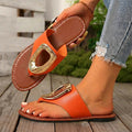European and american plus size flat flip-flops for women,  summer new style, metal buckle solid color hollow-out beach sandals