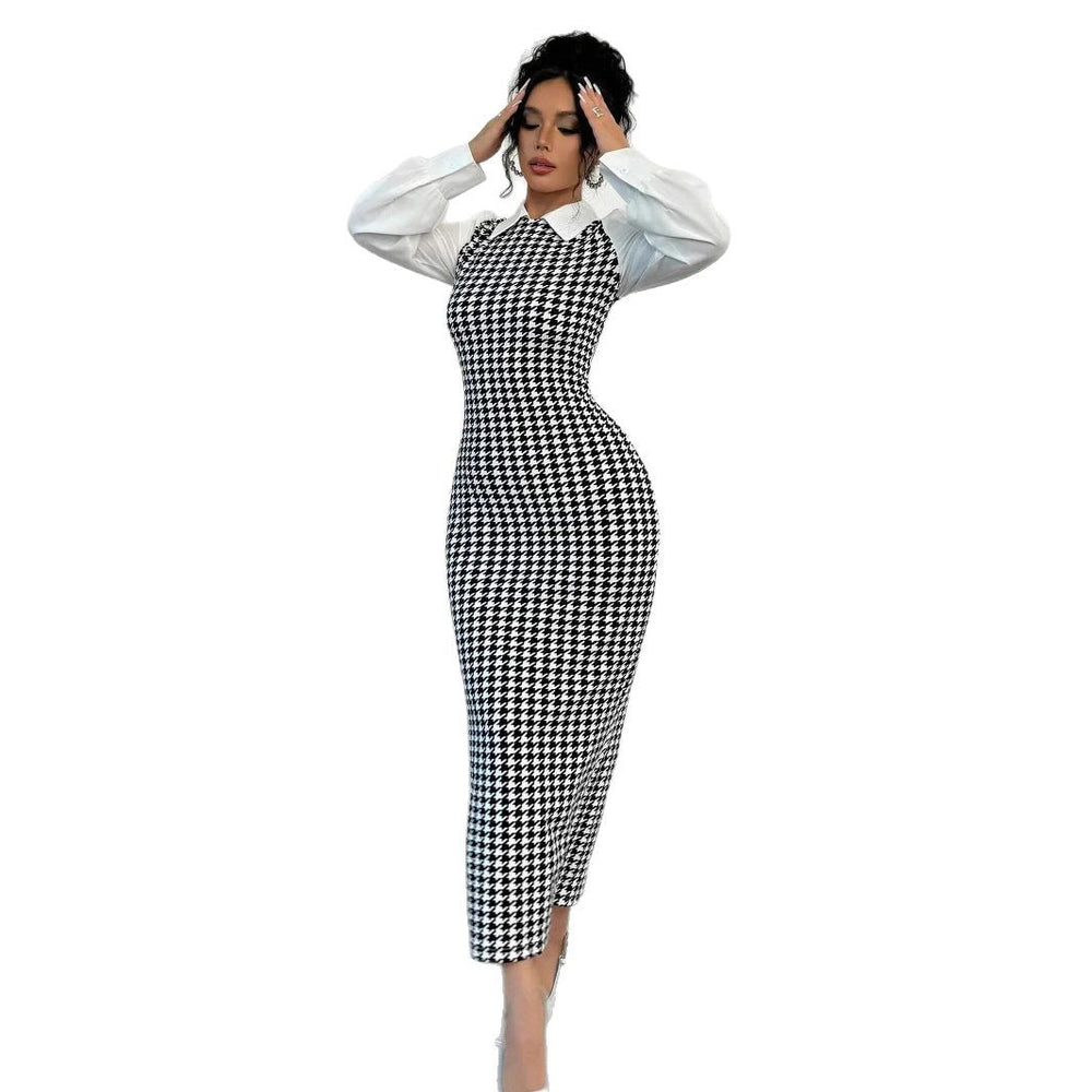 Amazon slim-fit bubble sleeve dress - women's tk cross-border houndstooth bodycon maxi dress