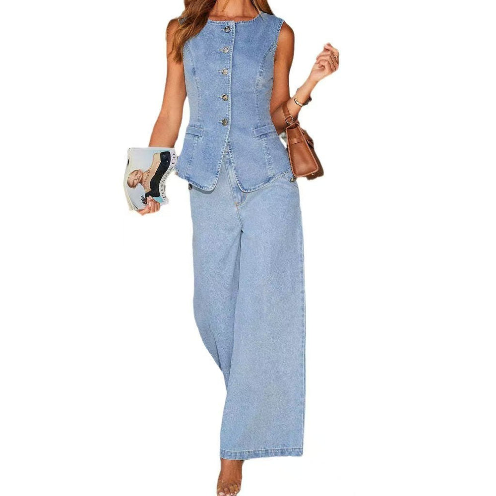 fashionelegant button sleeveless vest wide leg jeans denim suit for women