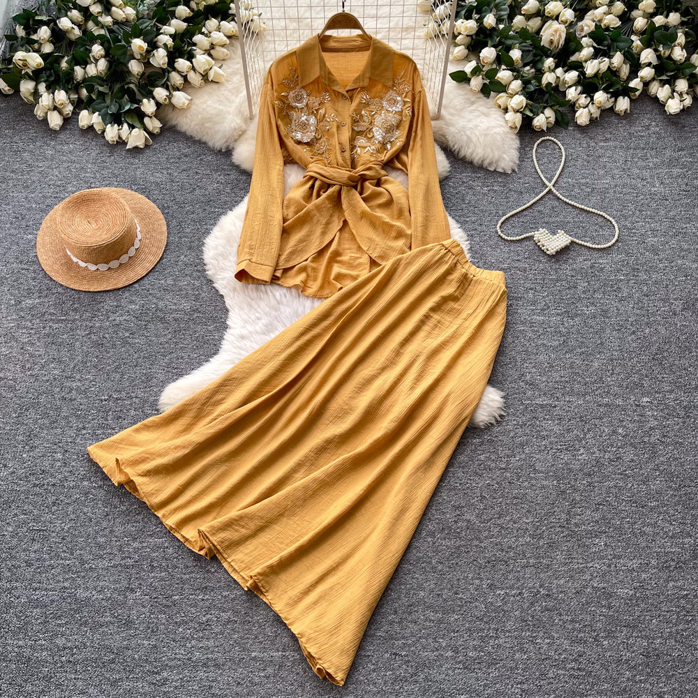 French chic embroidered cardigan & high-waisted midi skirt set - autumn sequin waist-cinching slimming two-piece - premium style