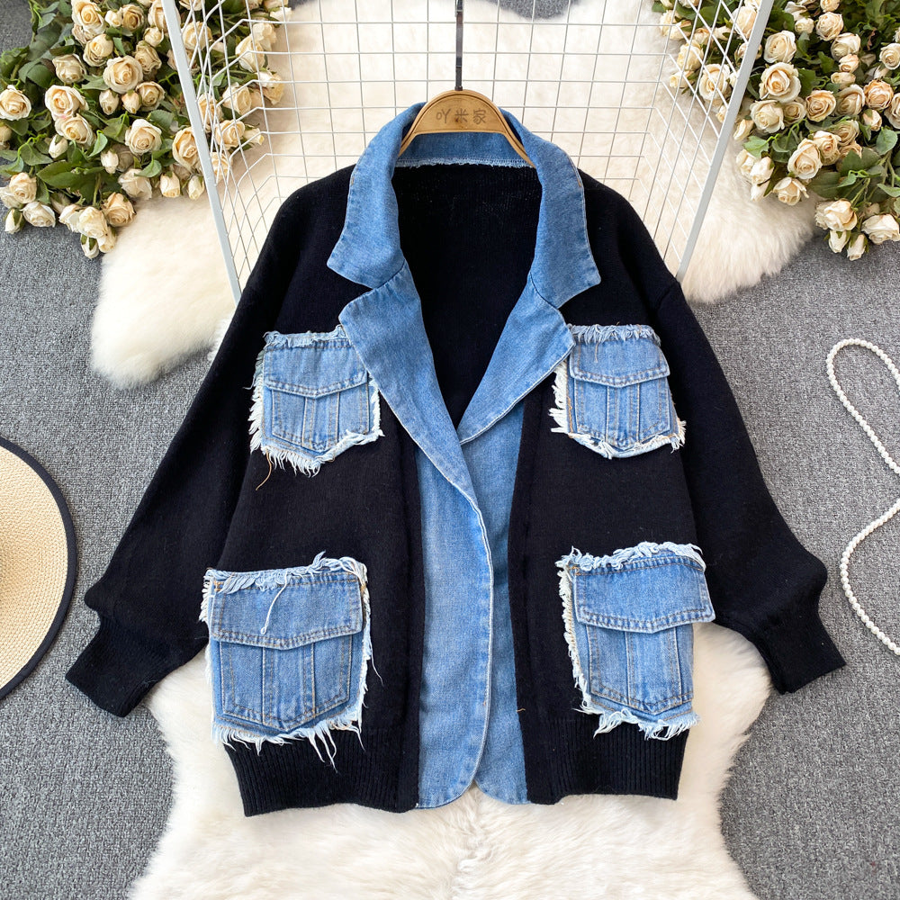 Fashionfashionstylishknittingpatchwork denim outwear women's winterloose lazy stylethickenedsweatercardigantops