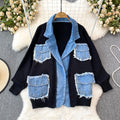 Fashionfashionstylishknittingpatchwork denim outwear women's winterloose lazy stylethickenedsweatercardigantops