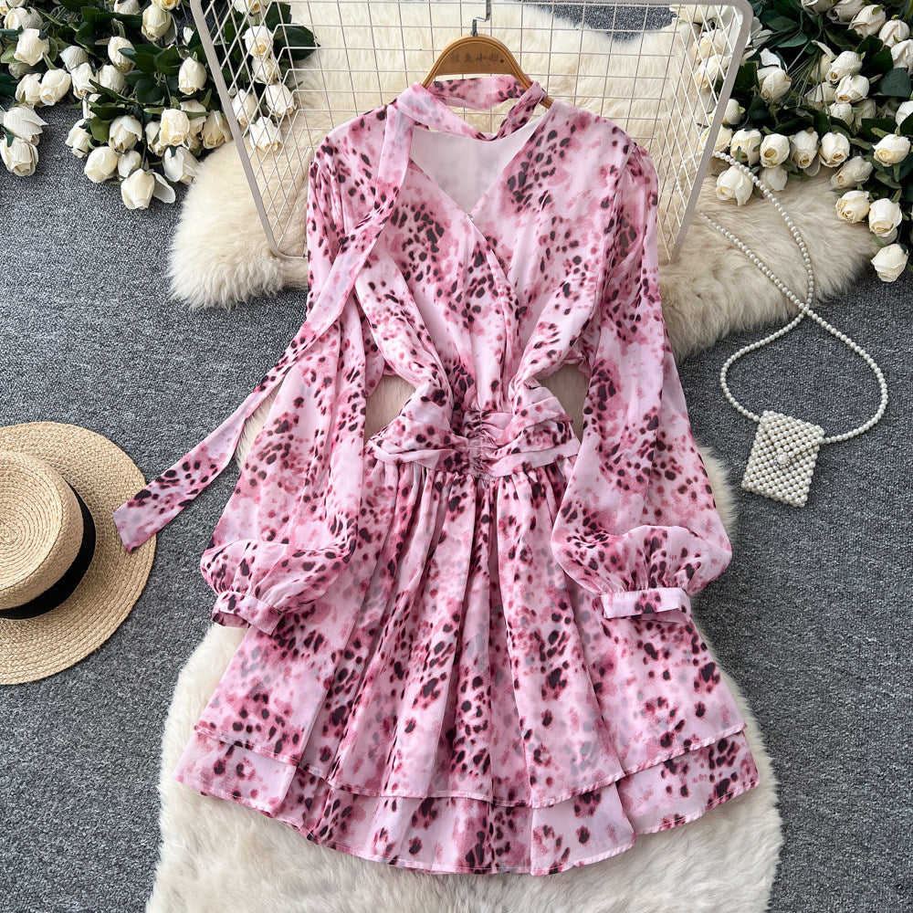 French retroelegancev neck ribbon long sleevesprintingdress women's waist slimming look a line skirt work clothing
