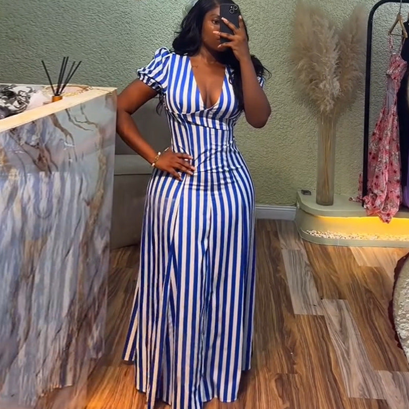 European and american cross-border women's fashion:  summer new arrival - elegant v-neck, puff sleeve, blue striped, high-waisted maxi dress