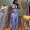 European and american cross-border women's fashion:  summer new arrival - elegant v-neck, puff sleeve, blue striped, high-waisted maxi dress