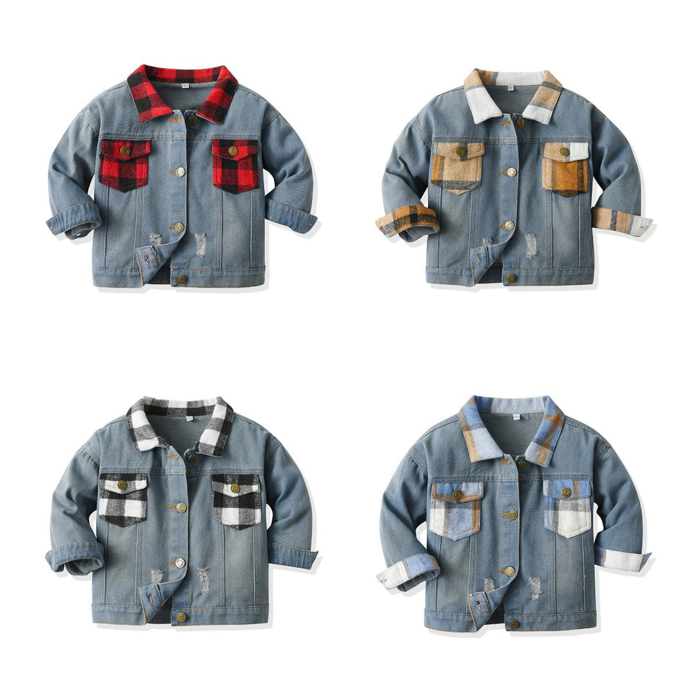 Autumn new arrivals: kids' denim jacket, plaid cropped top, trendy short jacket, denim outfit for boys and girls