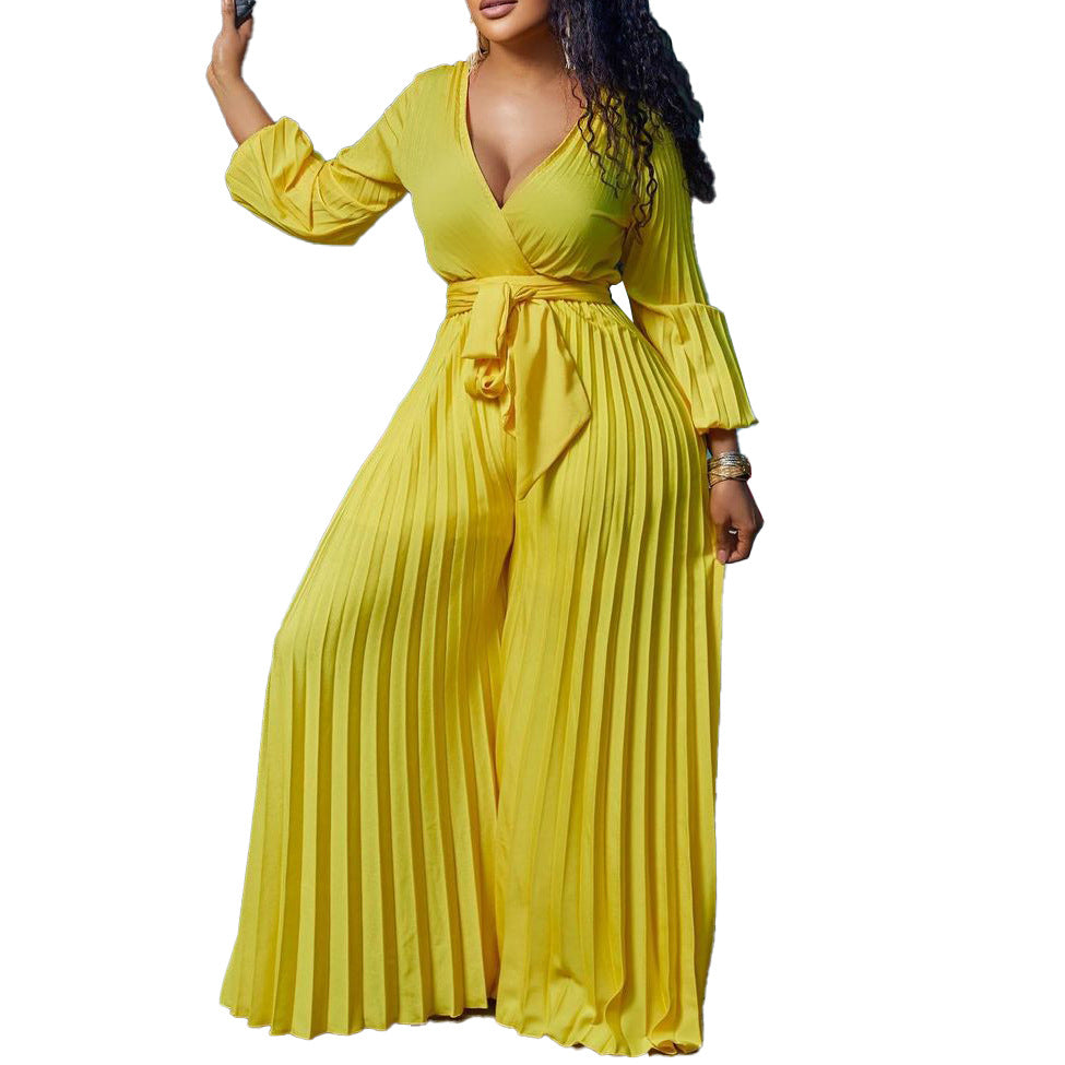 C8468   european and american summer new v-neck sexy tie-up pleated wide-leg plus size foreign trade jumpsuit