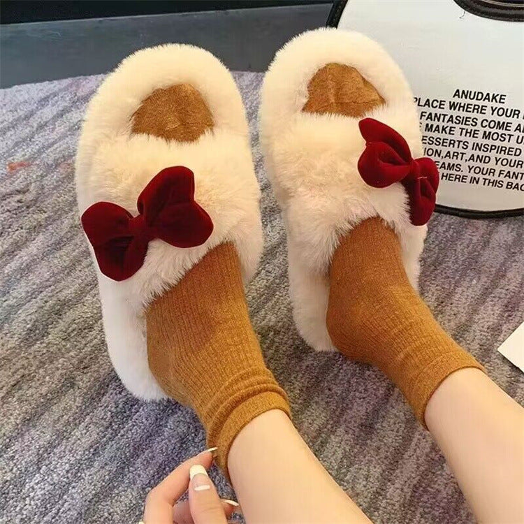 Thick sole cotton slippers for women autumn winteroutwear2024new arrivalpopularbowsbowsoutwearins furry slippers