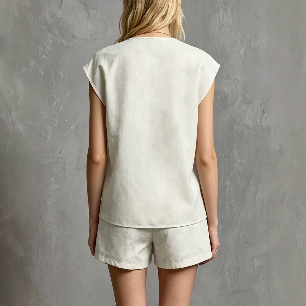summer cross-border european & american style women's v-neck embroidered cotton linen sleeveless top + drawstring shorts two-piece set