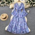 French riviera style rose print v-neck dress - women's spring korean style long sleeve tie-waist slimming maxi dress