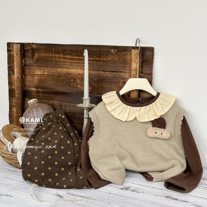 Girls' outfit:  autumn new arrival - stylish and chic doll collar long-sleeve knitted sweater vest with versatile polka dot pants