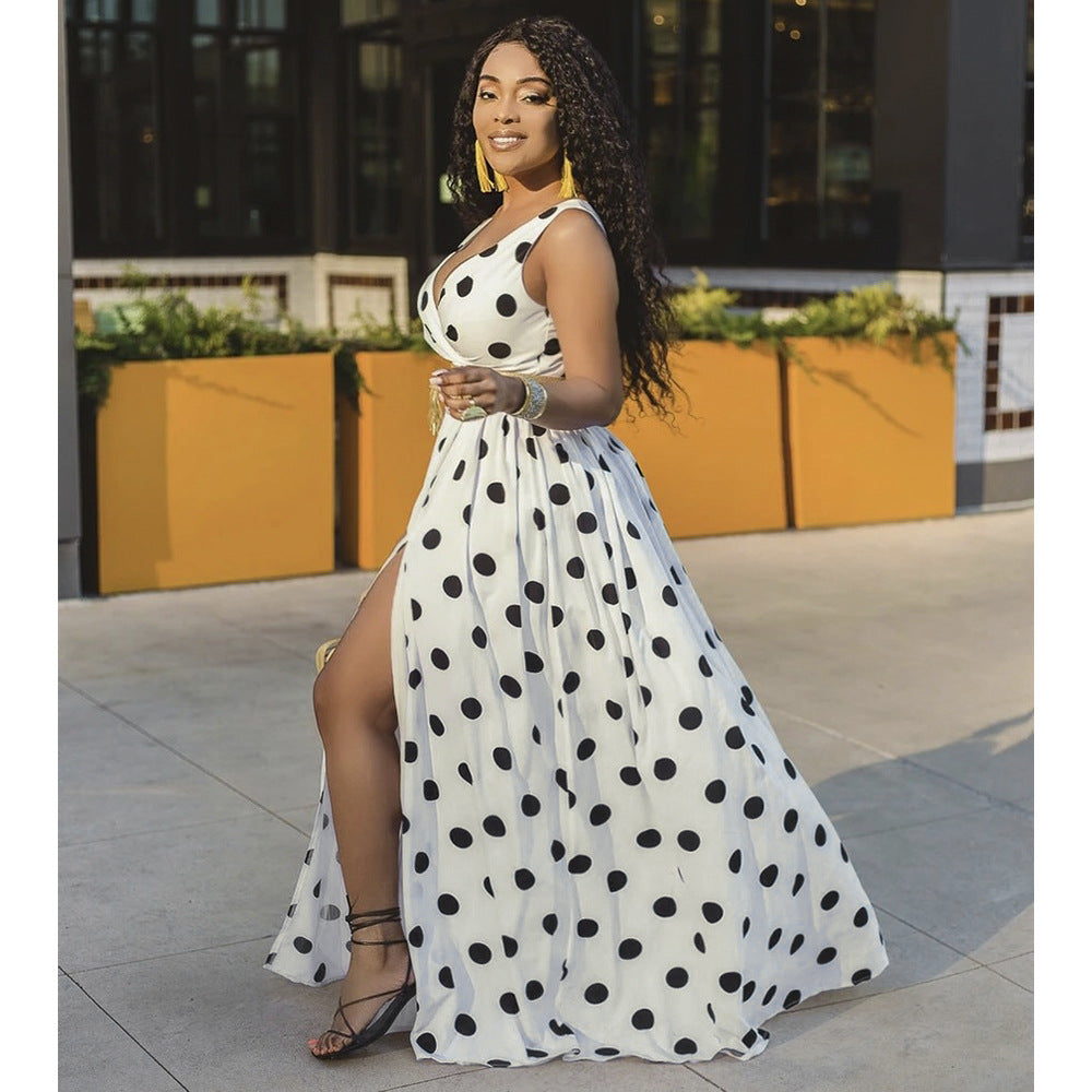 new cross-border women's apparel: -ready sleeveless printed polka dot sexy slit dress with belt