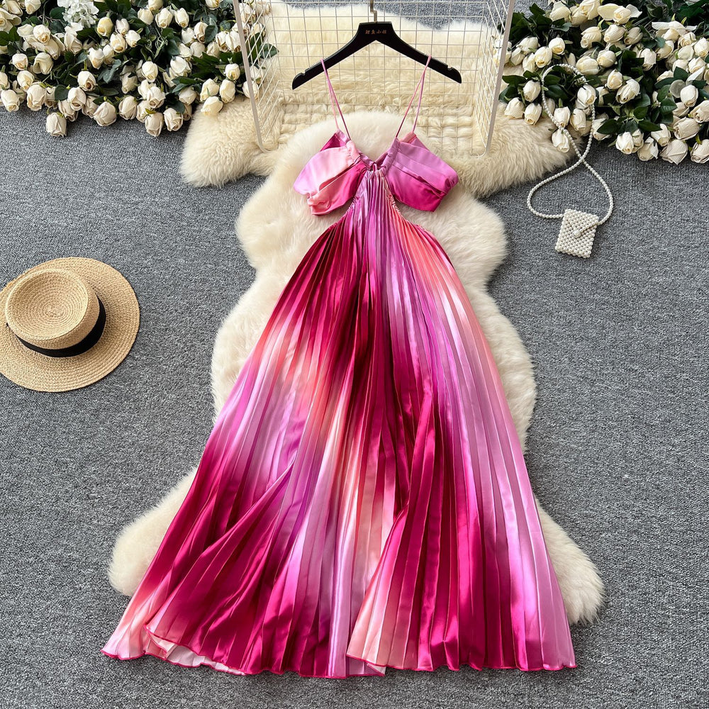 Vacation-style dress for women,  summer collection: designer cutout, cropped cami, high-waisted, slimming, ombre maxi dress
