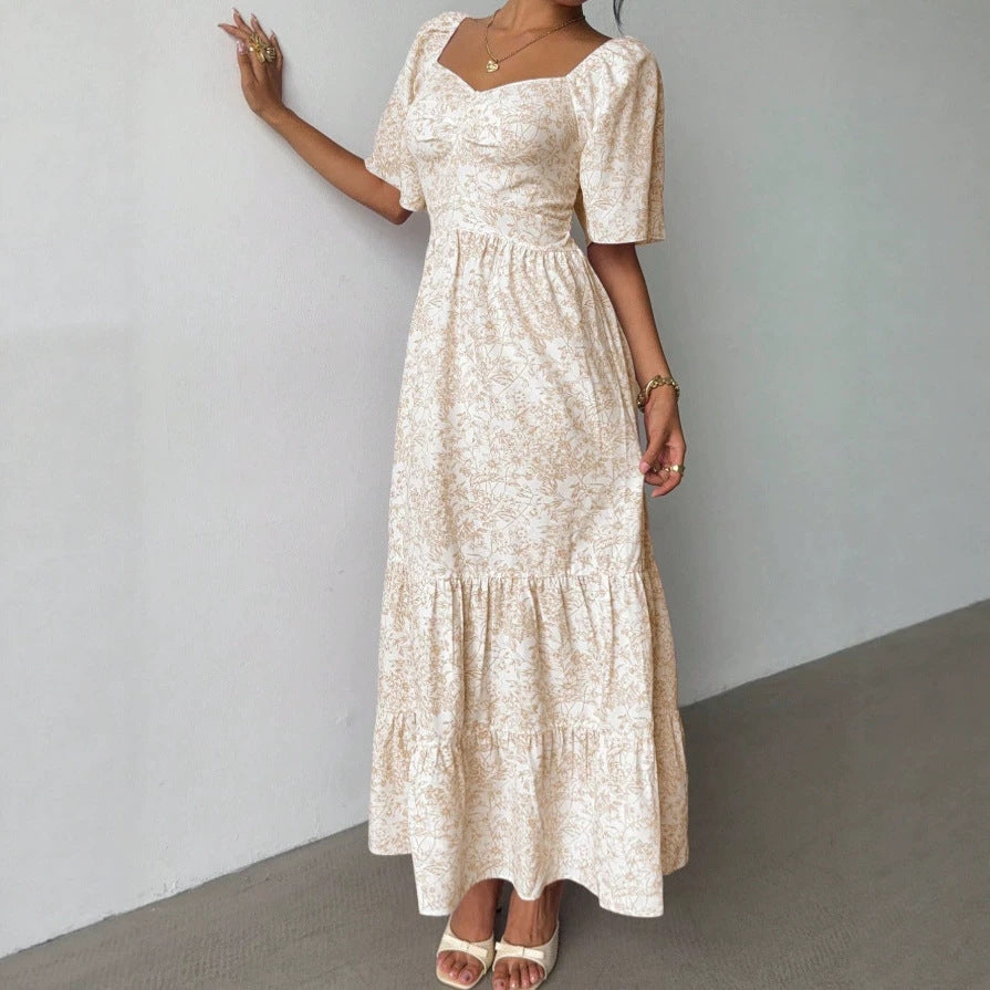 Amazon casual chiffon european and american women's clothing  spring square neck printed comfortable floral dress