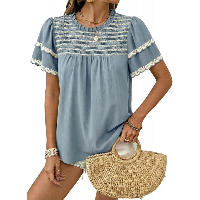 Amazon round neck ruffle short sleeve shirt women's  summer new casual bohemian style top